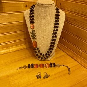 David Aubrey Set Matching Necklace Bracelet Earrings Smoky Orange Cats Eye Brown